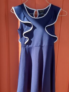 Paper Doll Navy Ruffle Trim Dress with White Piping Sz 12
